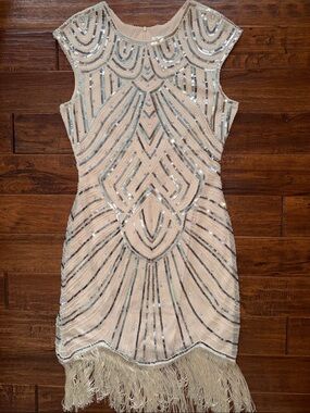 Babeyond Embellished Sequin Cap Sleeve Flapper 1920s dress, Creamy Beige, Medium